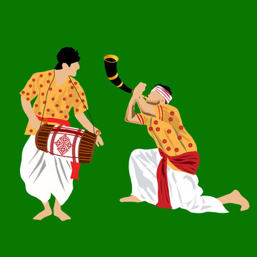 Traditional Assamese Bihu Illustration with Pepa Player and Dhuliya Playing Dhol in Folk Costume, Cultural Festival Background for Happy Bihu, Assamese New Year and Harvest Festival of Assam