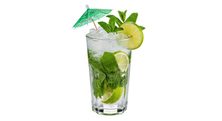 Refreshing mojito cocktail PNG isolated on transparent background, with lime, mint, ice, and a decorative umbrella, summer drink for party and bar