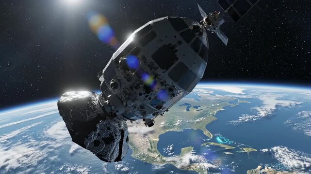 A spacecraft attached to a dark asteroid orbits Earth illuminated by the sun amidst a starry space backdrop