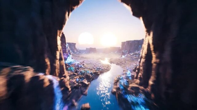 A vibrant fantasy landscape, river, glowing crystals, and two suns.