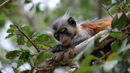 Obraz premium Sleeping colobus monkey resting on a tree branch in lush green forest.