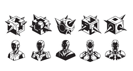 Fototapeta premium Collection of 3d geometric and humanoid metallic icons