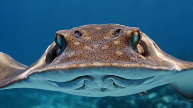 Close-up frontal view of a majestic shovelnose ray (Rhynochobatus) gliding slowly underwater in the deep blue ocean