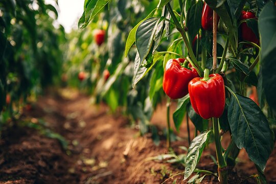 Red bell peppers growing in organic farm field
