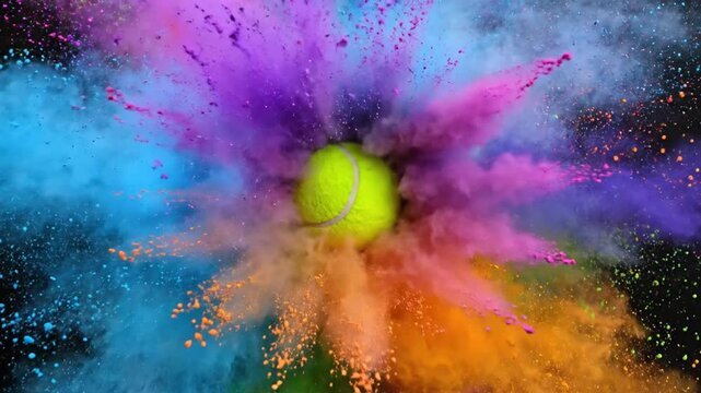 A tennis ball surrounded by a vibrant explosion of colorful powder against a black background.