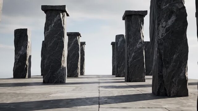 A stone formation rises resembling Stonehenge with weathered pillars casting shadows on a graytiled ground set against a bright open sky