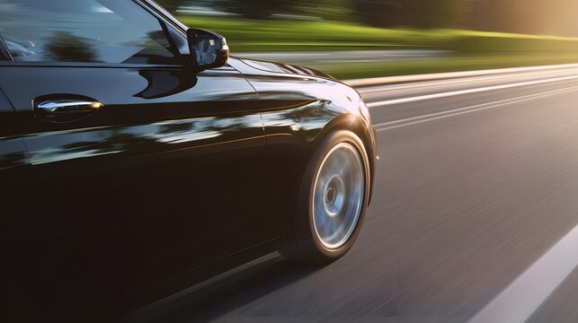 Sleek black car speeds along a sunlit road conveying dynamic energy and modern automotive lifestyle photography