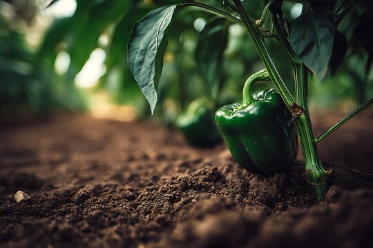 Green bell pepper growing in organic garden soil
