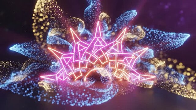 Abstract glowing crown shape emerges with vibrant particles in space