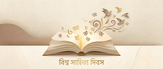 Open Book with Flying Bengali Letters and Birds, World Literature Day
