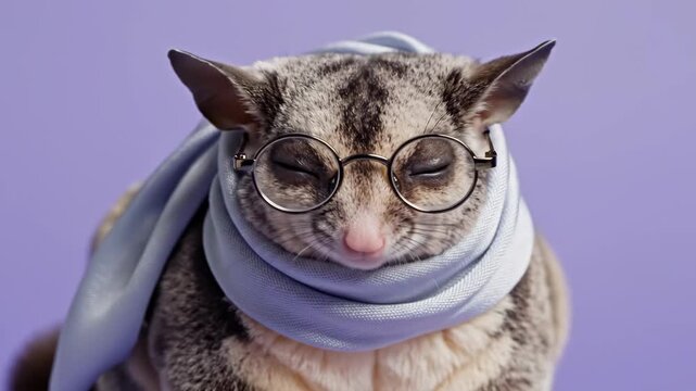 A sugar glider is centered wearing round glasses and a light blue scarf against a solid purple backdrop