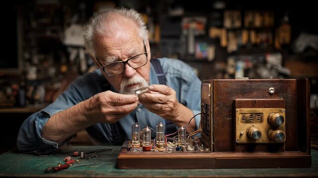 Elderly man working on a vintage radio at a workshop during the day showing skill and focus on his craft