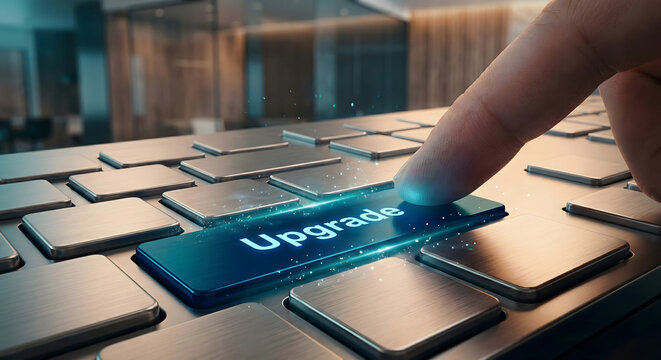 Finger Pressing Upgrade Button on Modern Keyboard in Office