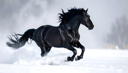 Majestic black horse galloping through a snowy landscape, a powerful symbol of freedom and wildness