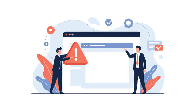 Two businessmen discussing a warning sign on a website screen for troubleshooting and technical error support in the office.