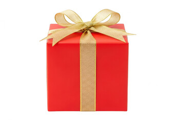 Obraz premium Red gift box with gold ribbon and bow isolated on transparent background