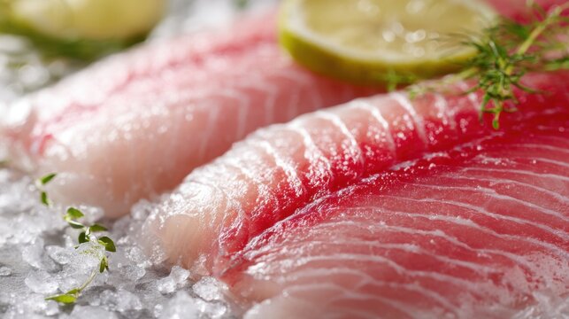 Fresh red snapper fillets with lemon slices and ice garnish.