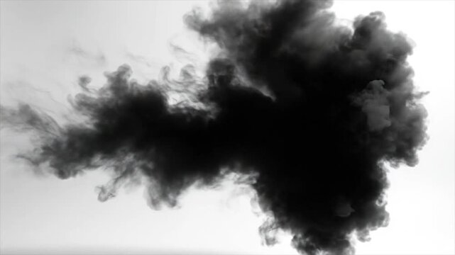 A dramatic black smoke cloud spreads across a white background from a central point of origin viewed from directly in front