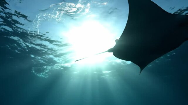 Dramatic underwater shot of a Manta Ray swimming and silhouetted against the powerful sunbeams piercing the clear turquoise ocean surface.
