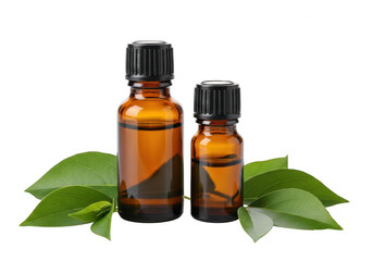 Two amber glass bottles of essential oil with green leaves isolated on transparent background
