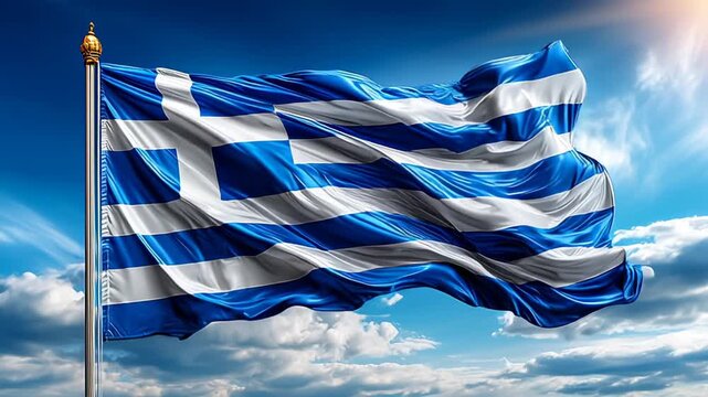 A waving Greek flag with blue and white stripes against a bright sky. The flag features a cross in the upper left corner, symbolizing Greece's heritage.