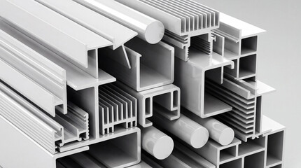 A stack of various industrial metal profiles and aluminum extrusions, including channels, bars, and heat sinks