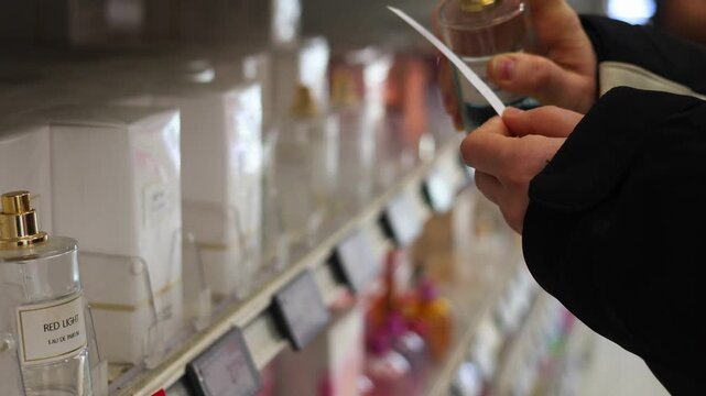 The girl puts a luxurious scent on the sampler and smells it, choosing a gift. Close up