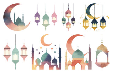 Obraz premium PNG Colorful mosque lanterns crescent moon, transparent background