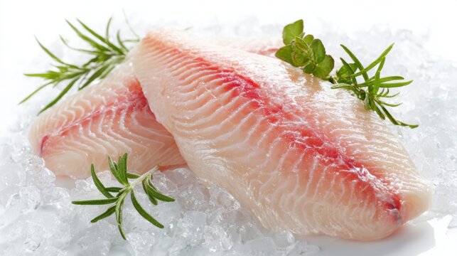 Fresh tilapia fish fillets on ice with herbs for cooking and culinary presentation.
