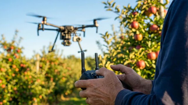 Operator controls a drone while standing in an apple orchard. The drone captures aerial views of trees and apples, agricultural applications and monitoring crops