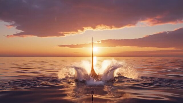 Slow motion shot of a spotted eagle ray breaching and jumping out of the ocean water against a beautiful golden sunset sky, creating a dramatic backlit water splash.