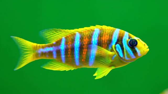 A vibrant yellow cichlid fish with striking blue and orange vertical stripes swimming in a green aquatic environment.