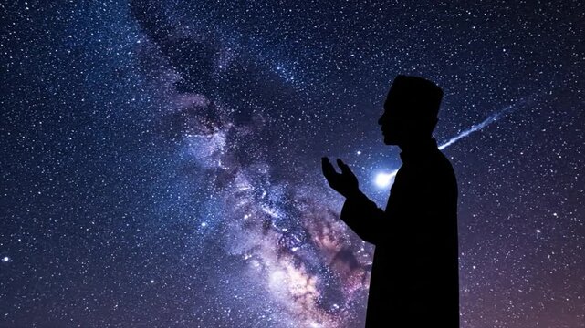 Silhouette of a person contemplating the vast galaxy and stars in the night sky, muslim pray concept, for background ramadhan or islamic event