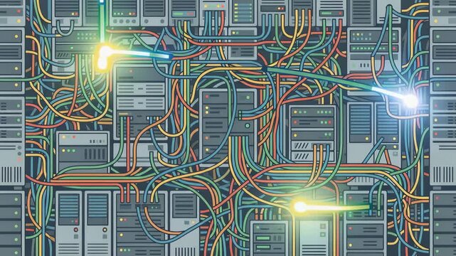 Visuals show a detailed circuit board with multiple cables and wires. Glowing pathways appear, indicating data flow across the network connections