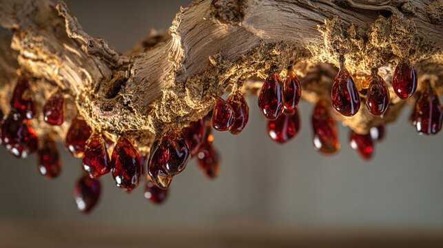 myrrh. Gnarled myrrh tree branch with deep red resin droplets, close-up. gardening catalogs, home-decor guides, designed for home decor and floral branding and gardening and botanical catalogs.