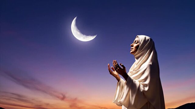Woman in white praying under crescent moon at dusk with hands clasped, muslim pray concept, for background ramadhan or islamic event