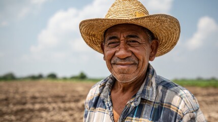 Fototapeta premium Elderly hispanic male farmer smiling in straw hat under clear sky.