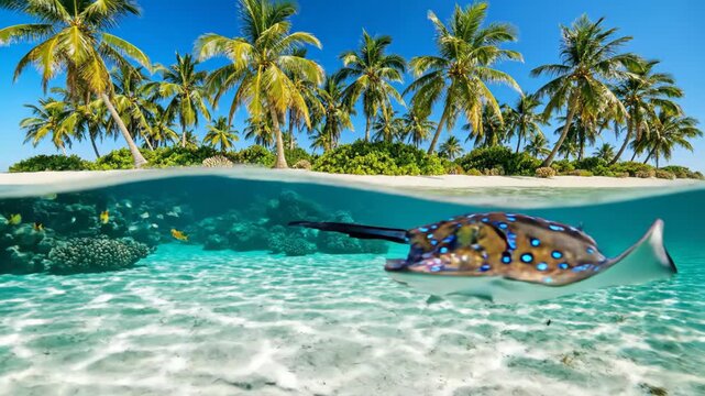 Split-level shot of a beautiful blue-spotted stingray gliding over coral reef near a tropical paradise island with palm trees.
