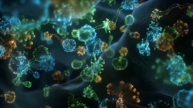 Diverse colonies of glowing beneficial bacteria thriving and interacting in a fluid intestinal environment concept of gut microbiome and digestive health