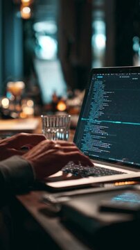Software engineer hands typing on laptop keyboard with computer code on screen, web development and programming in modern office or home workspace, digital technology and cybersecurity, vertical.