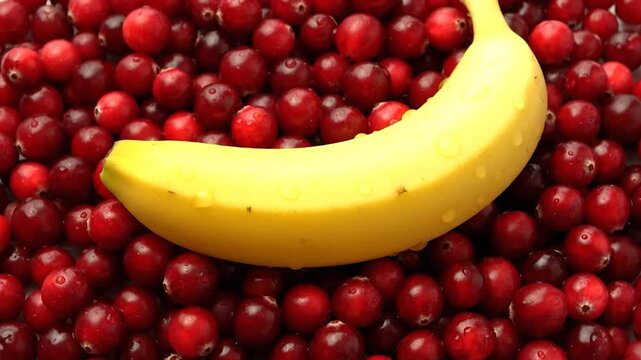 A curved yellow banana rests atop a bed of round, red cranberries, droplets visible
