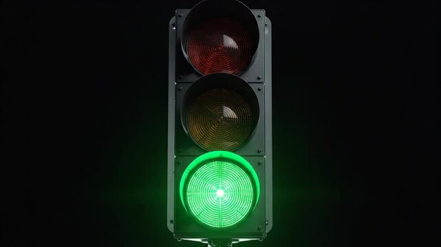 A traffic light stands against a dark background showing a green light at the bottom with red and yellow lights above