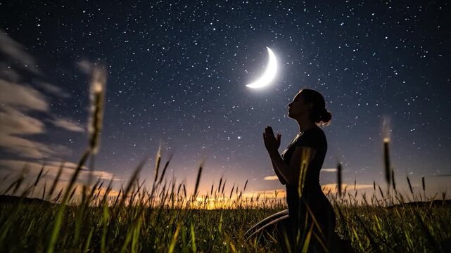 Woman praying under starry night sky with crescent moon in a serene field at dusk from a low angle viewpoint
