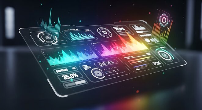 Futuristic Digital Dashboard with Colorful Data Graphs, Vector Illustration