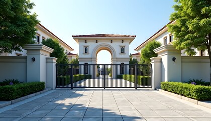 Fototapeta premium Modern luxury mansion entrance with open black wrought iron gate and archway under sunny blue sky
