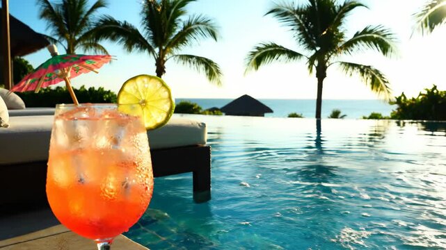 Refreshing tropical cocktail with lime and umbrella by poolside with ocean view