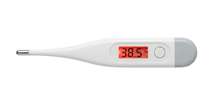Digital medical thermometer showing high body temperature of 38.5 degrees celsius for fever health monitoring isolated on transparent background