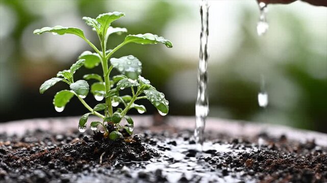 A small green plant being watered with droplets on its leaves in a garden environment from a close-up viewpoint
