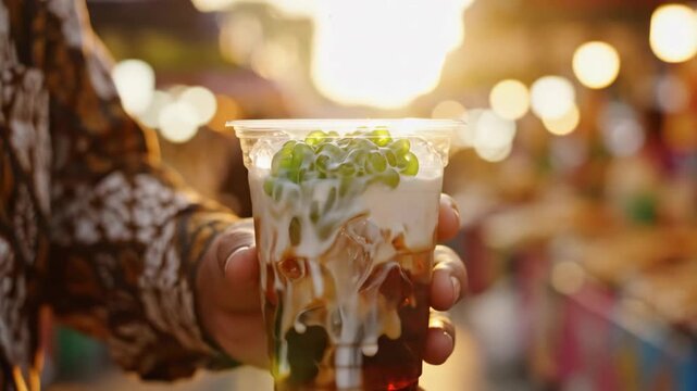 Street vendor preparing Es Cendol dessert drink, pouring coconut milk over green rice flour jelly and ice in a plastic cup at a vibrant night market with beautiful golden hour sun flare.