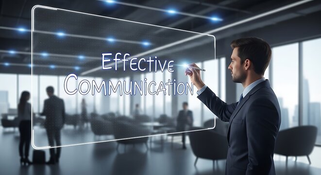 A man in a suit writing the words effective communication on a glass wall